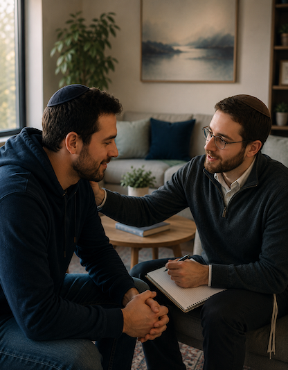 A clinician and a community member in conversation, smiling and engaged.