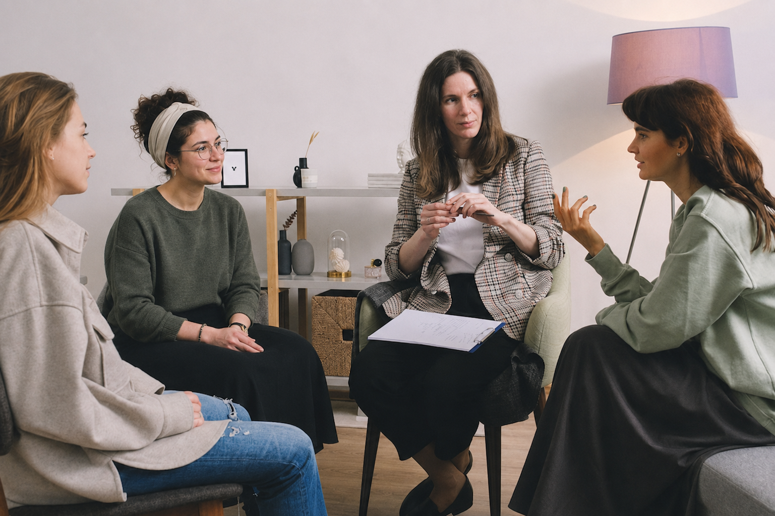 A clinician, a family member, and a community member in conversation, smiling and engaged.